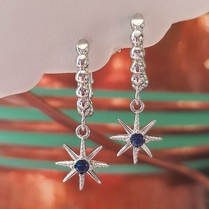 🌟HP🌟925 STERLING SILVER BLUE CRYSTAL DIAMOND ZIRCON CZ STAR DANGLE HOOPS☆NEW